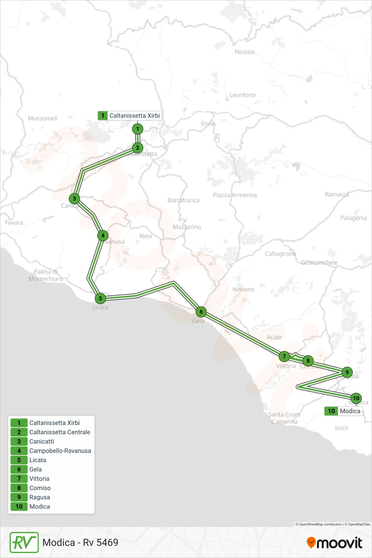 Linea RV treno (Modica - Rv 5469) - Percorsi e fermate sulla mappa