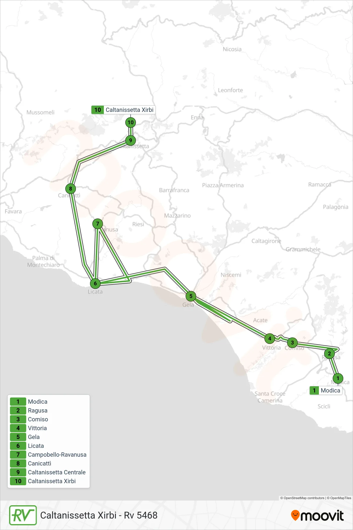 Linea RV  treno (Caltanissetta Xirbi - Rv 5468) - Percorsi e fermate sulla mappa