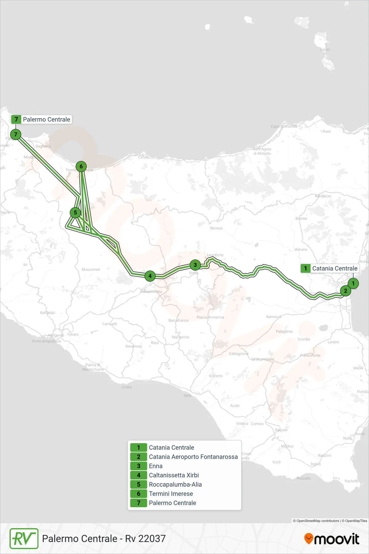 Linea RV treno (Palermo Centrale - Rv 22037) - Percorsi e fermate sulla mappa
