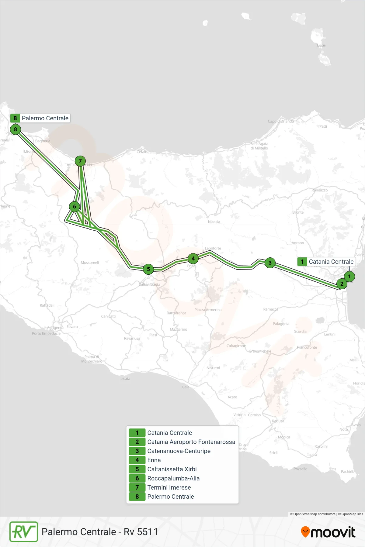 Linea RV  treno (Palermo Centrale - Rv 5511) - Percorsi e fermate sulla mappa