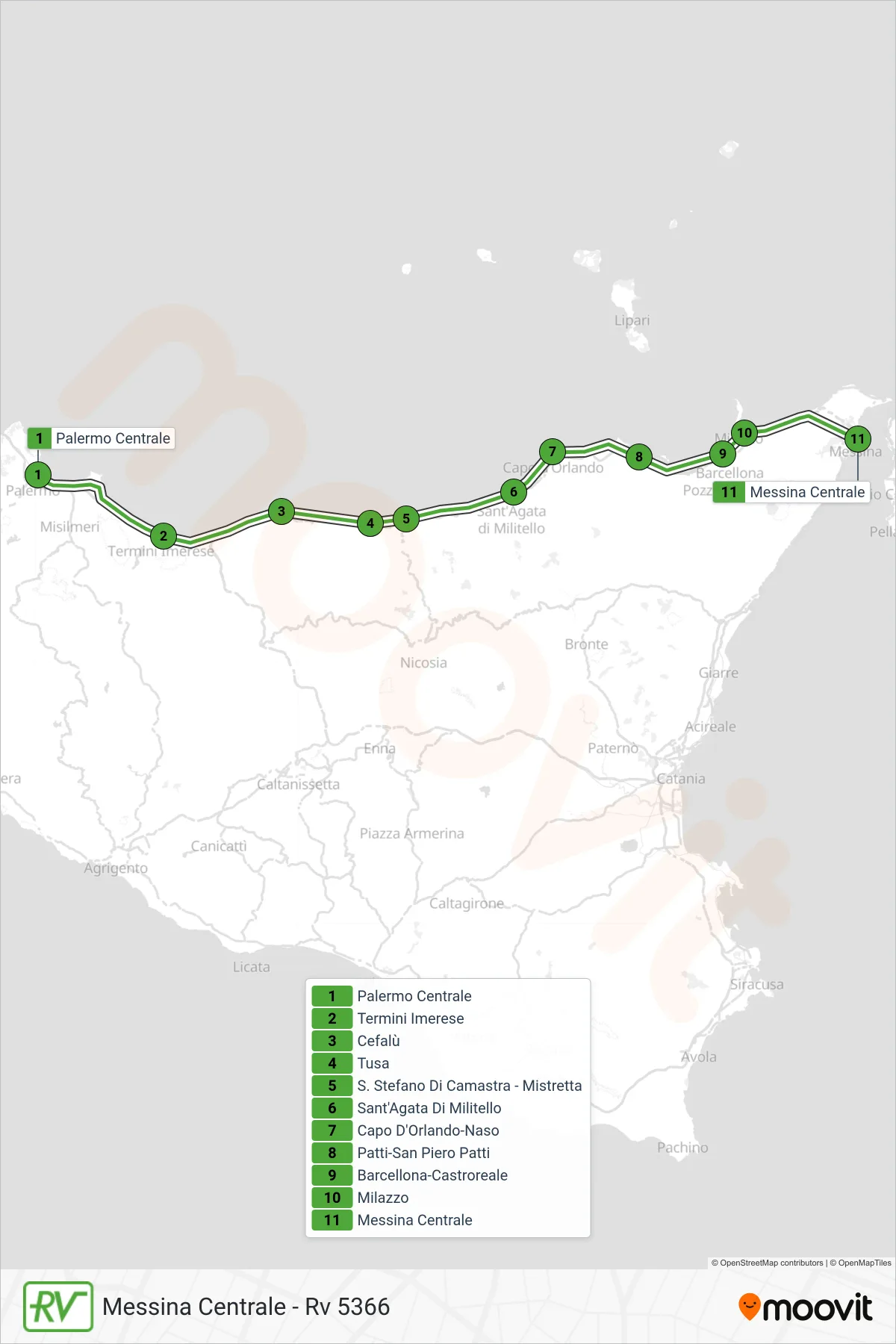 Linea RV  treno (Messina Centrale - Rv 5366) - Percorsi e fermate sulla mappa