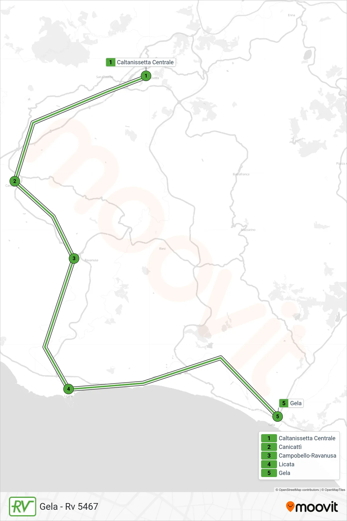 Linea RV treno (Gela - Rv 5467) - Percorsi e fermate sulla mappa