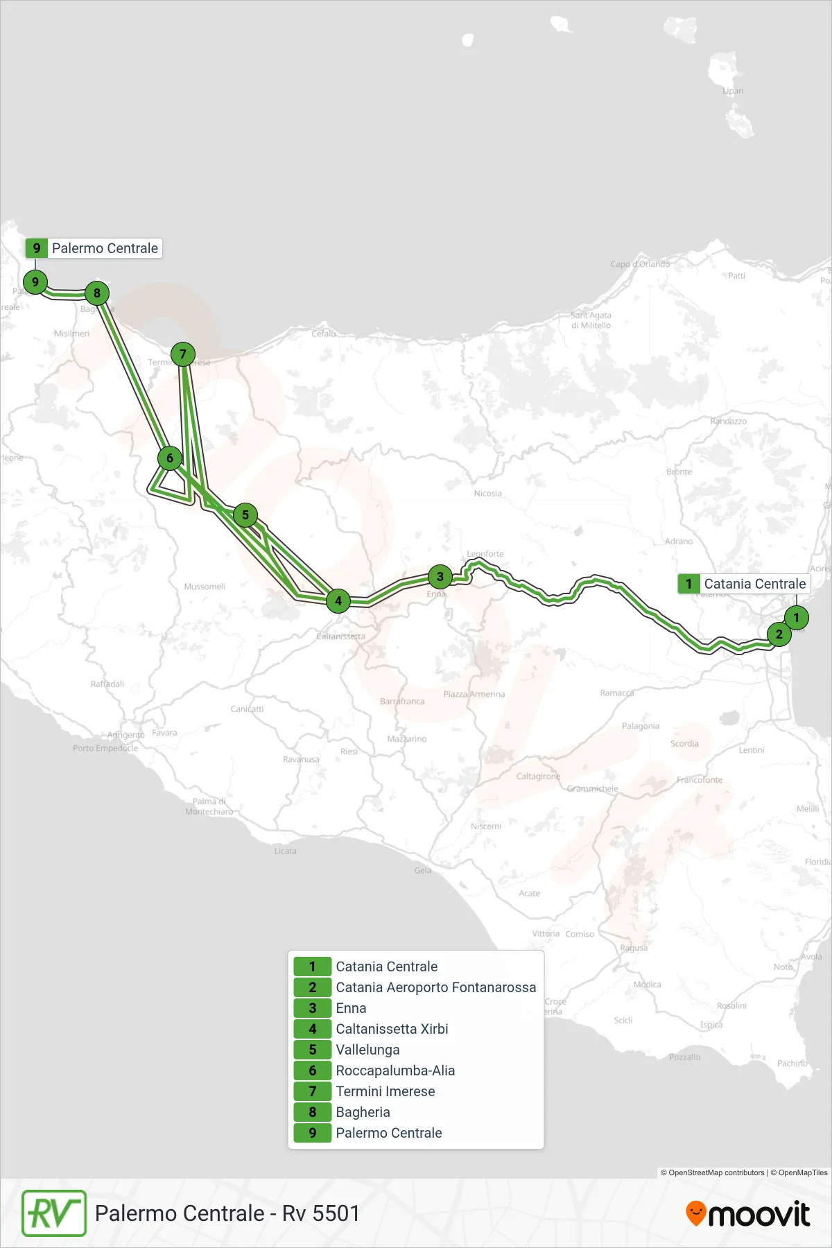 Linea RV treno (Palermo Centrale - Rv 5501) - Percorsi e fermate sulla mappa