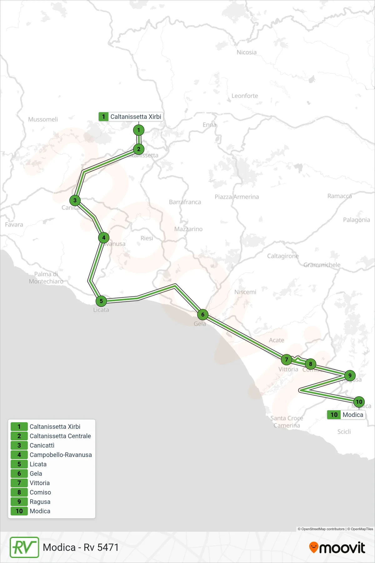 Linea RV treno (Modica - Rv 5471) - Percorsi e fermate sulla mappa