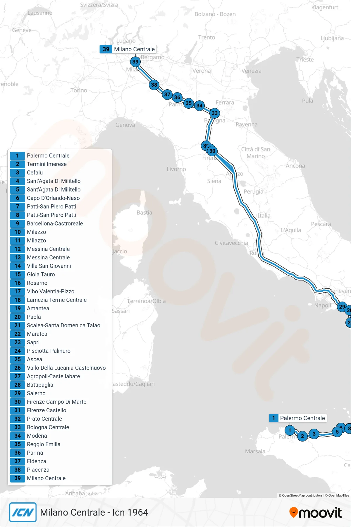 Linea ICN treno (Milano Centrale - Icn 1964) - Percorsi e fermate sulla mappa