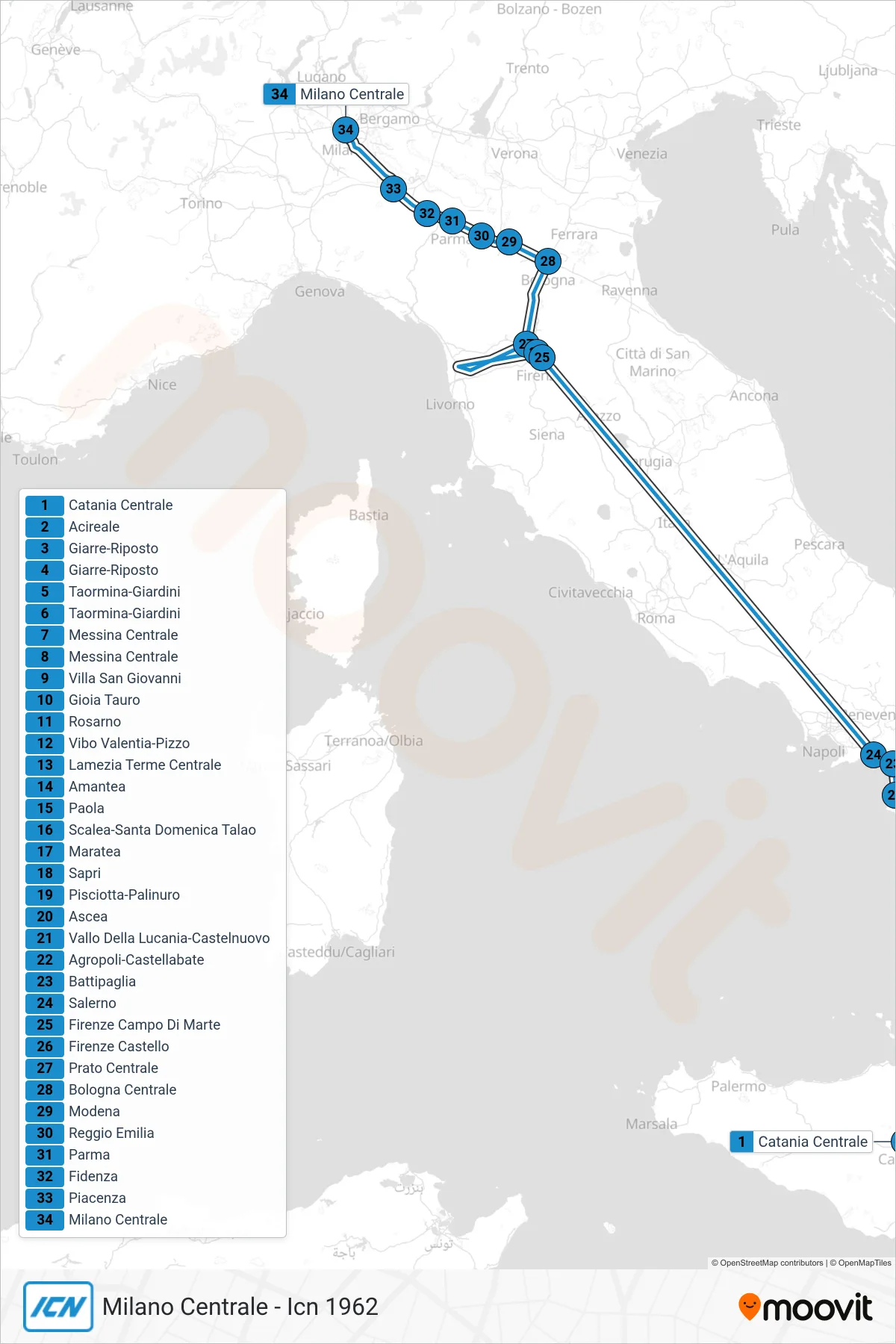 Linea ICN treno (Milano Centrale - Icn 1962) - Percorsi e fermate sulla mappa