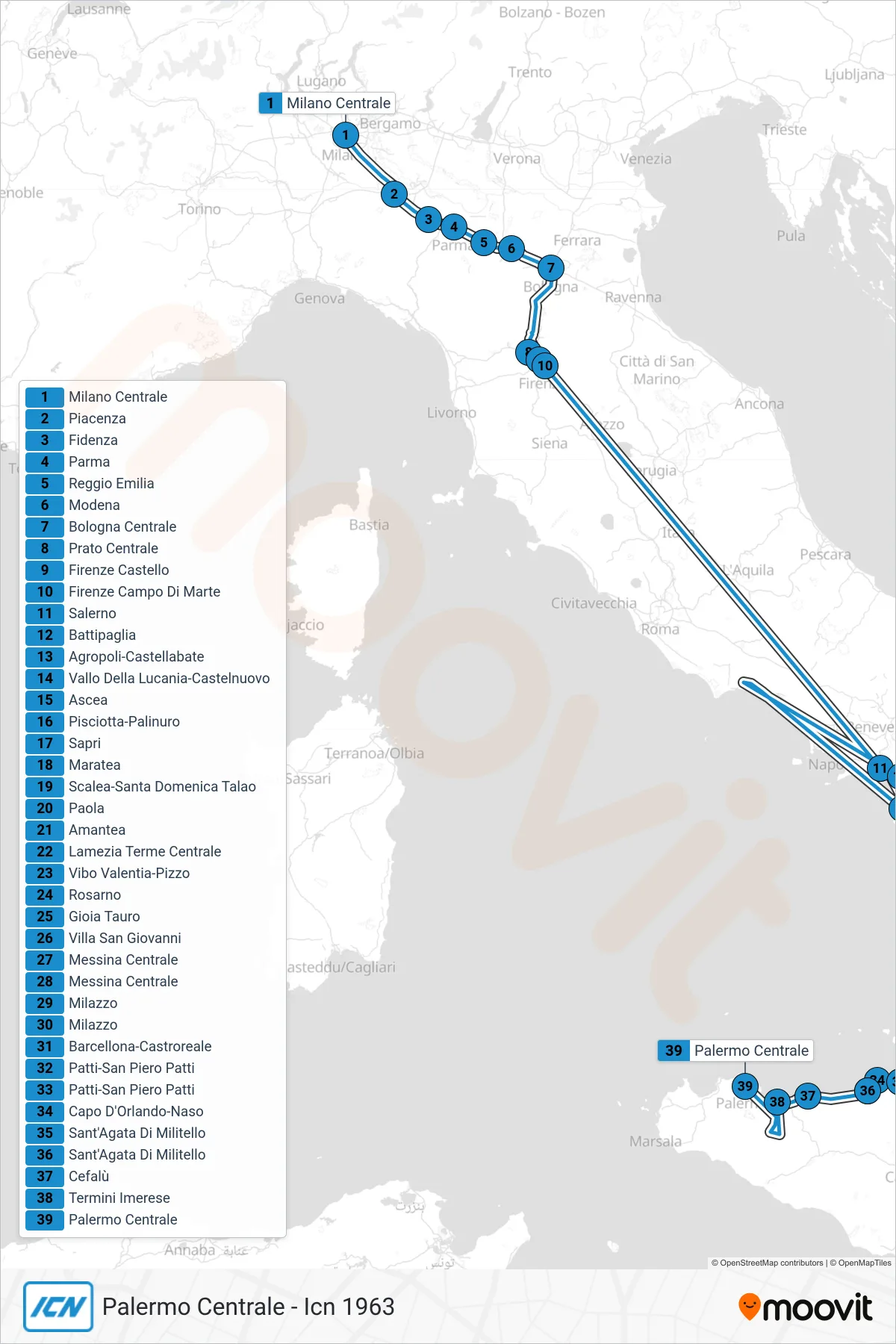 Linea ICN  treno (Palermo Centrale - Icn 1963) - Percorsi e fermate sulla mappa
