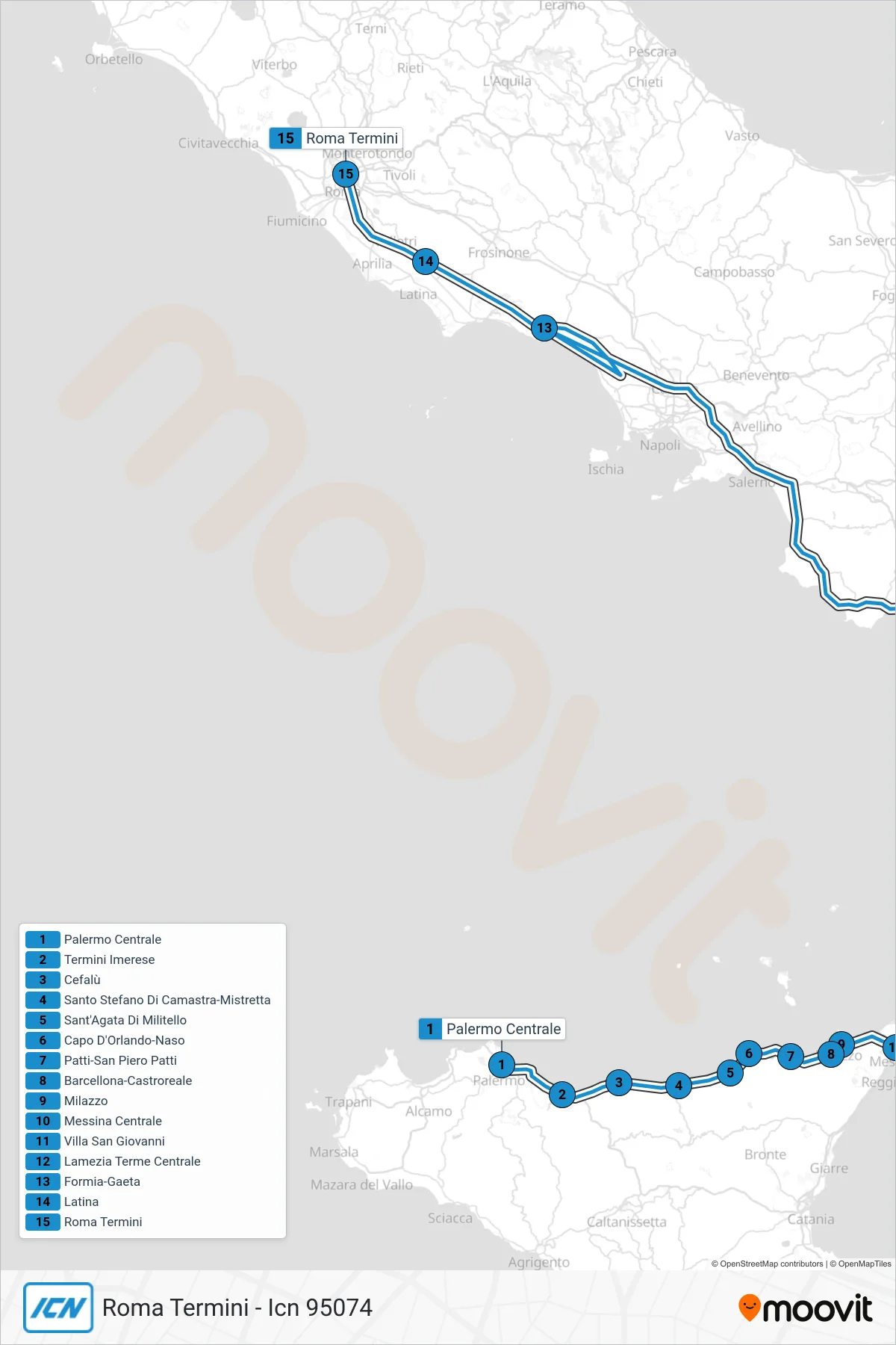 Linea ICN treno (Roma Termini - Icn 95074) - Percorsi e fermate sulla mappa