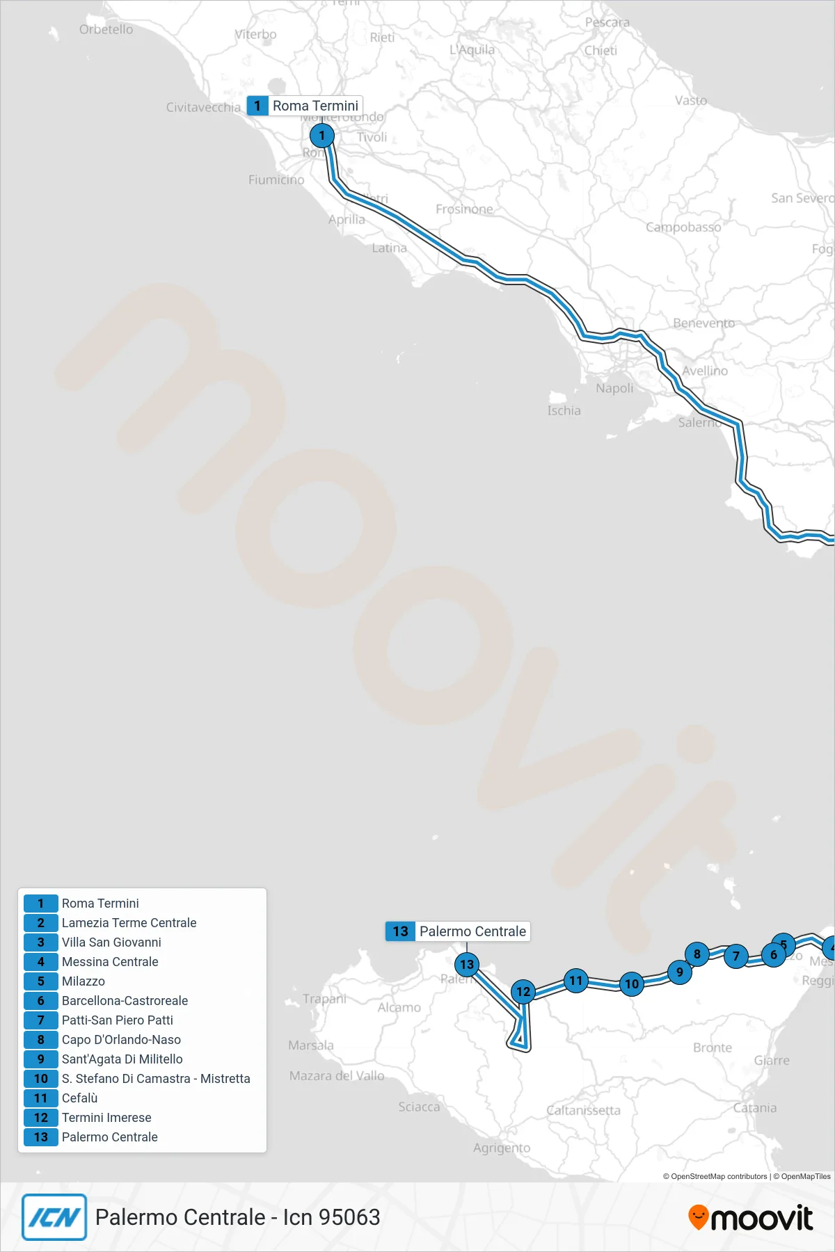 Linea ICN treno (Palermo Centrale - Icn 95063) - Percorsi e fermate sulla mappa