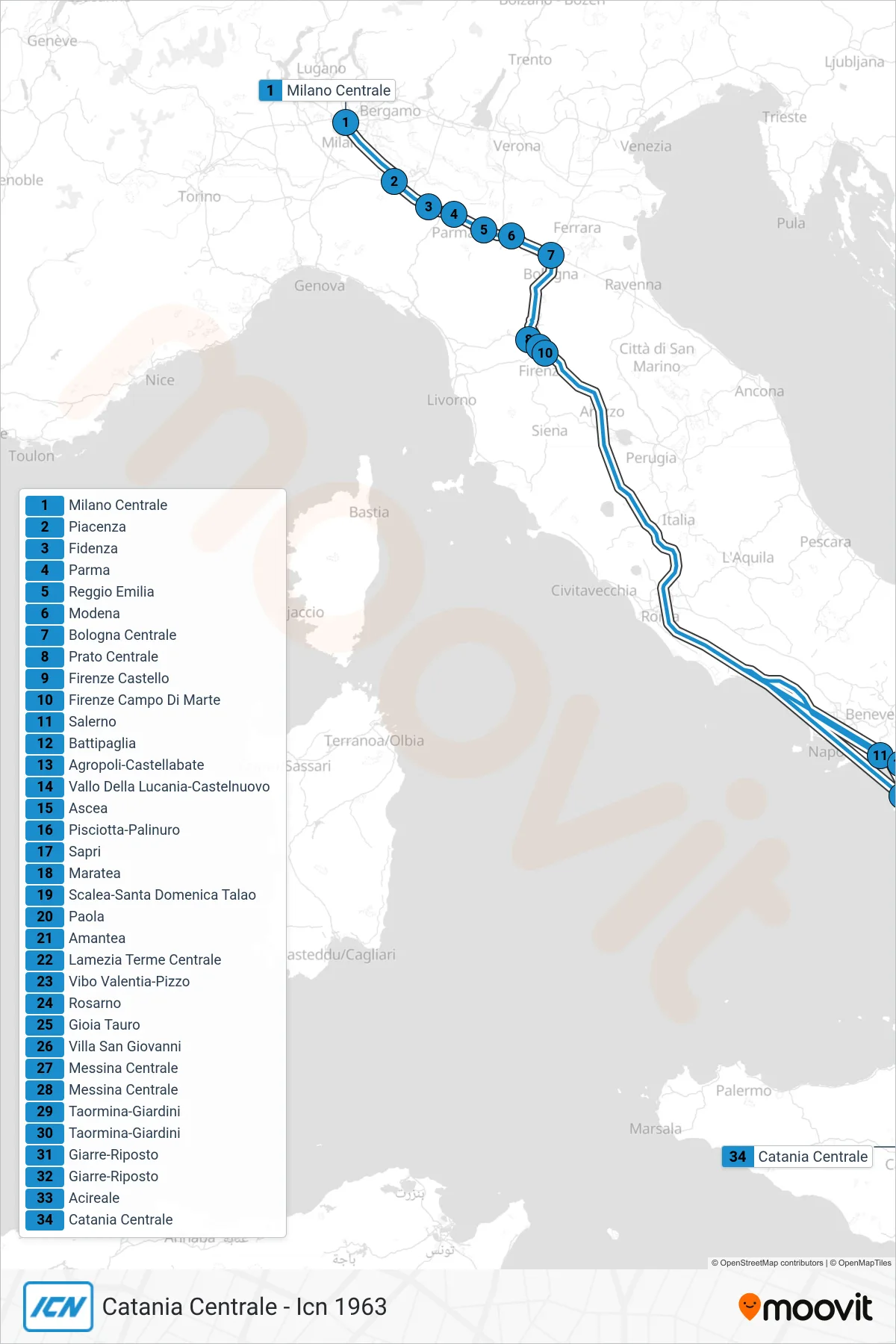 Linea ICN treno (Catania Centrale - Icn 1963) - Percorsi e fermate sulla mappa
