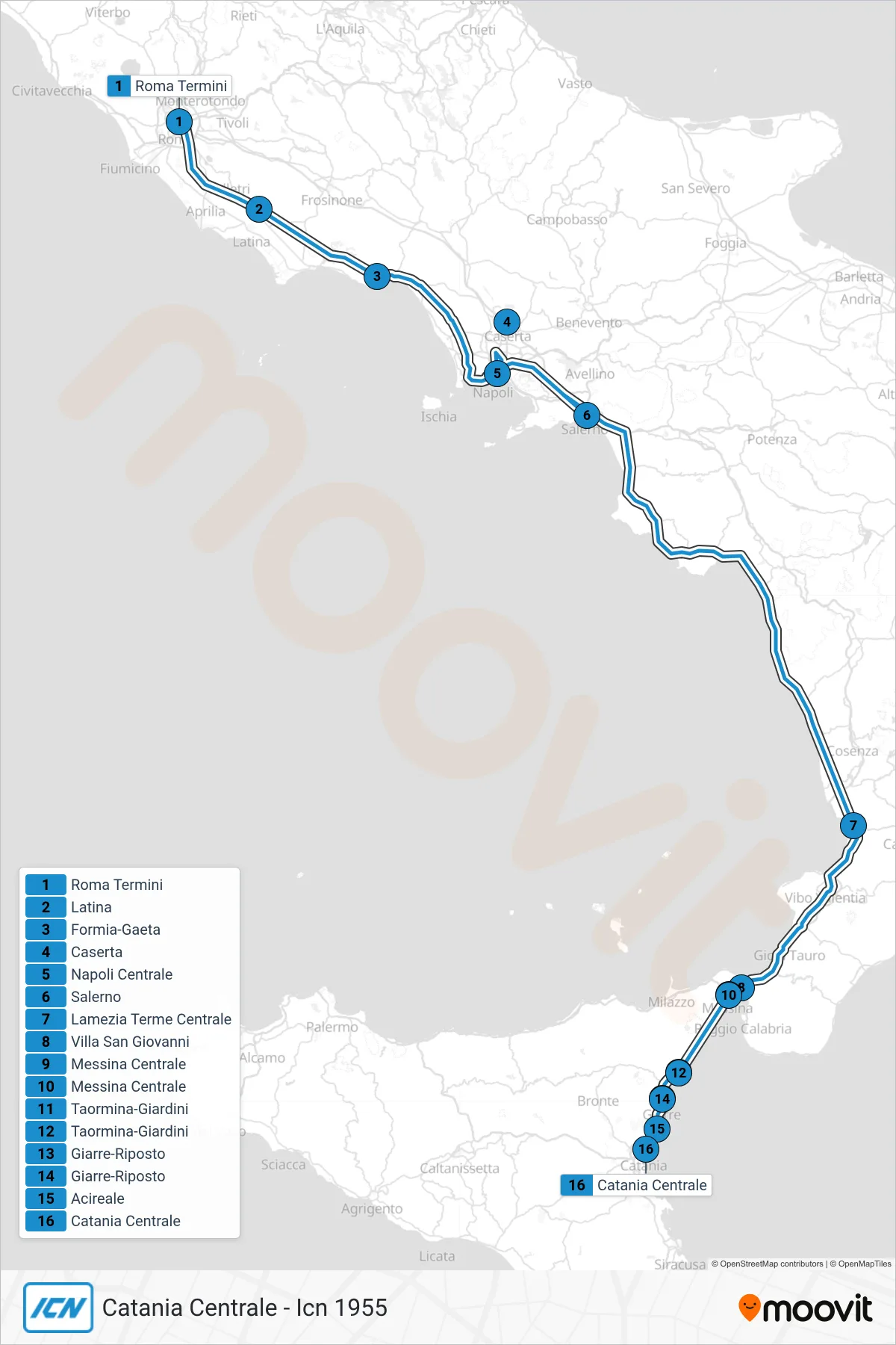 Linea ICN treno (Catania Centrale - Icn 1955) - Percorsi e fermate sulla mappa