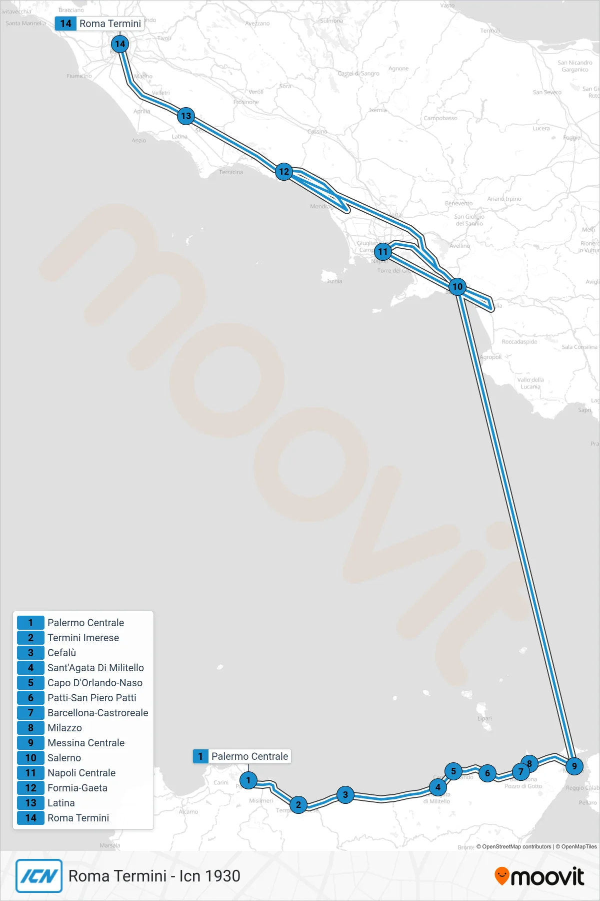 Linea ICN treno (Roma Termini - Icn 1930) - Percorsi e fermate sulla mappa