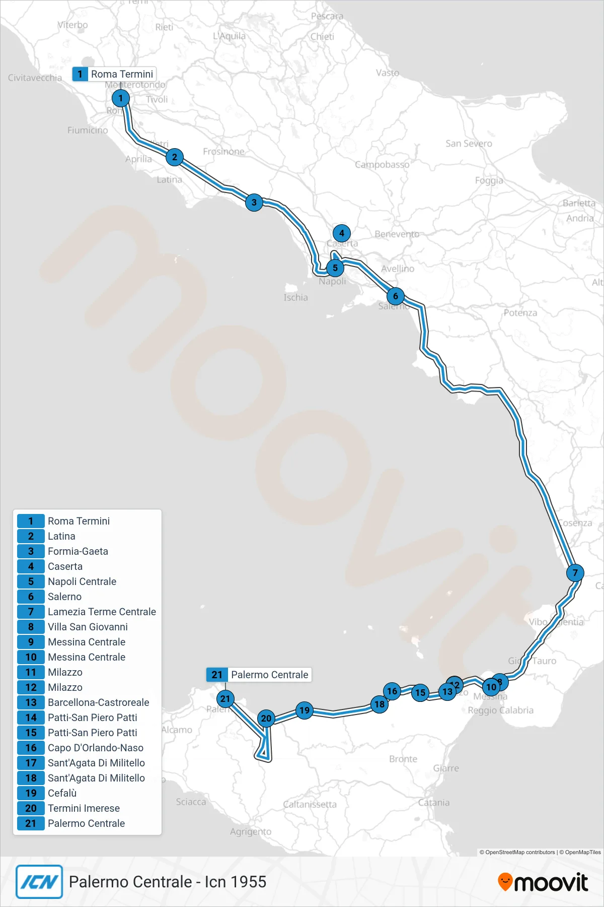 Linea ICN treno (Palermo Centrale - Icn 1955) - Percorsi e fermate sulla mappa