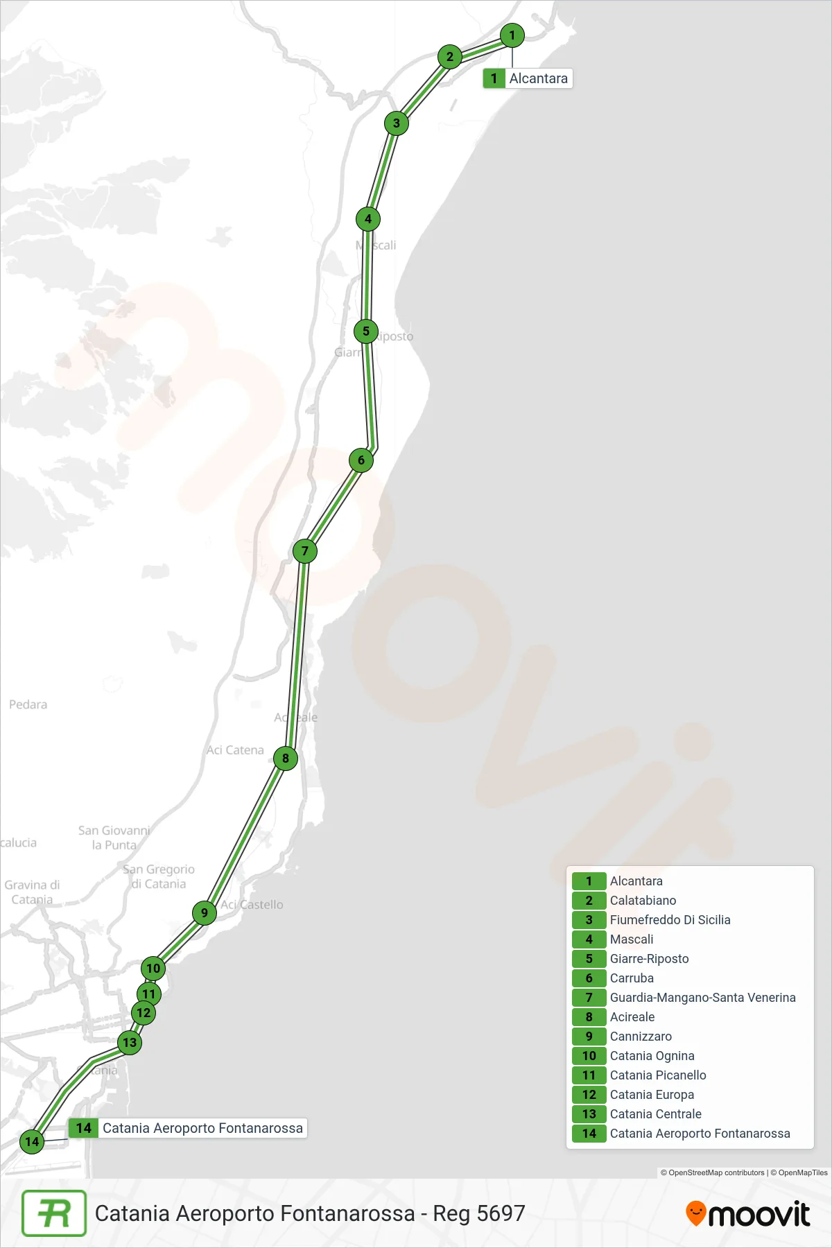 Linea REG  treno (Catania Aeroporto Fontanarossa - Reg 5697) - Percorsi e fermate sulla mappa