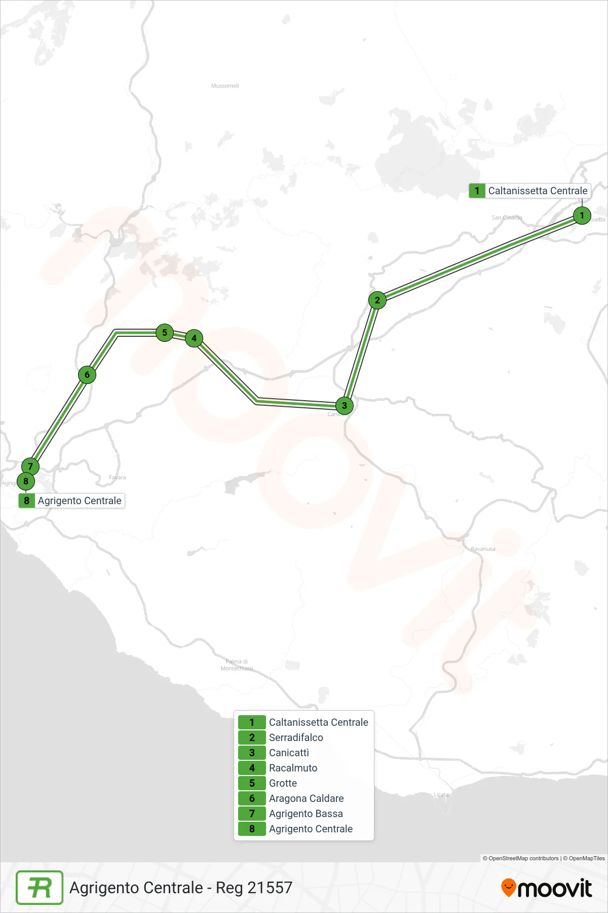 Linea REG  treno (Agrigento Centrale - Reg 21557) - Percorsi e fermate sulla mappa