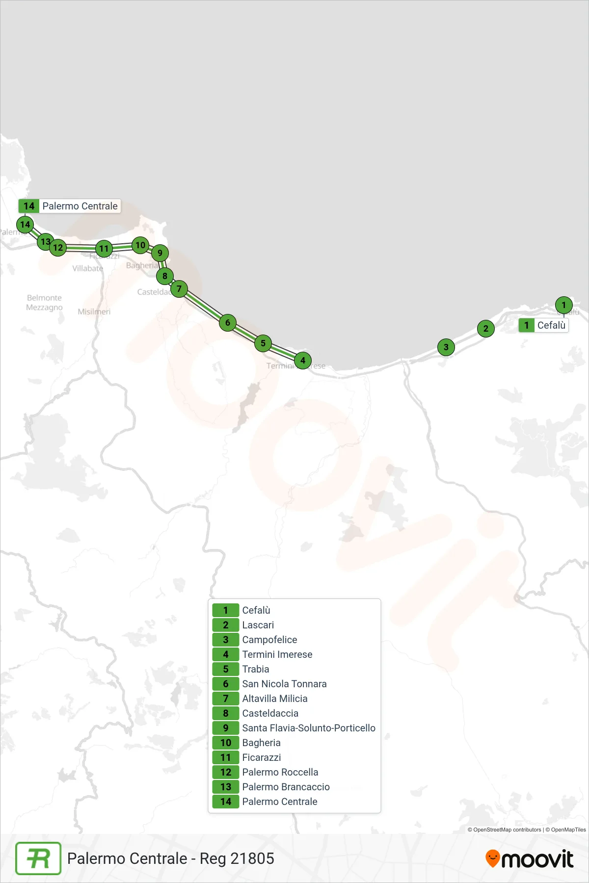Linea REG treno (Palermo Centrale - Reg 21805) - Percorsi e fermate sulla mappa