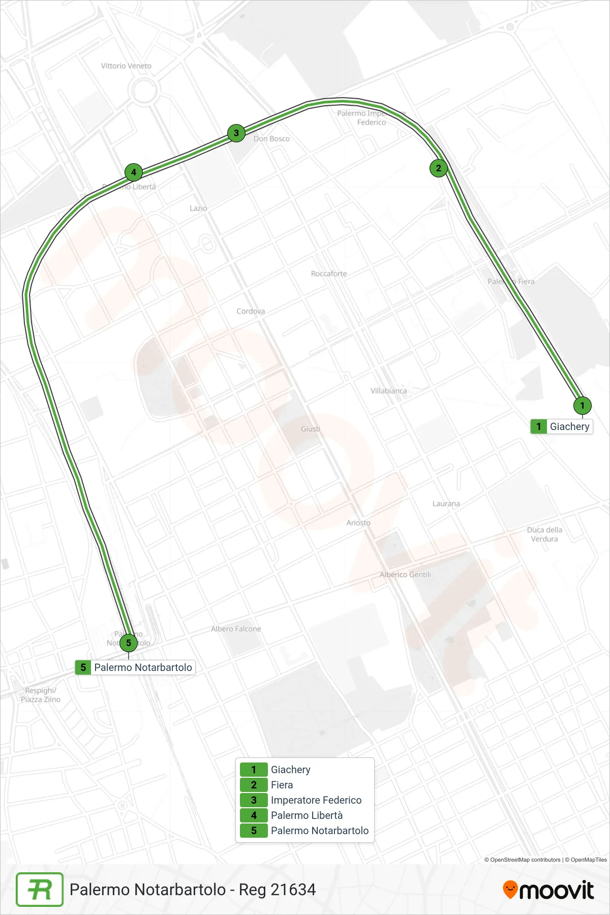Linea REG  treno (Palermo Notarbartolo - Reg 21634) - Percorsi e fermate sulla mappa
