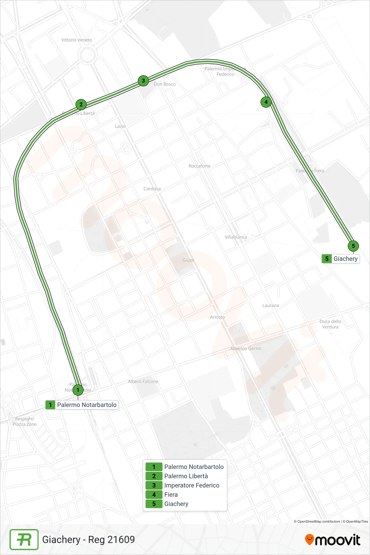 Linea REG  treno (Giachery - Reg 21609) - Percorsi e fermate sulla mappa