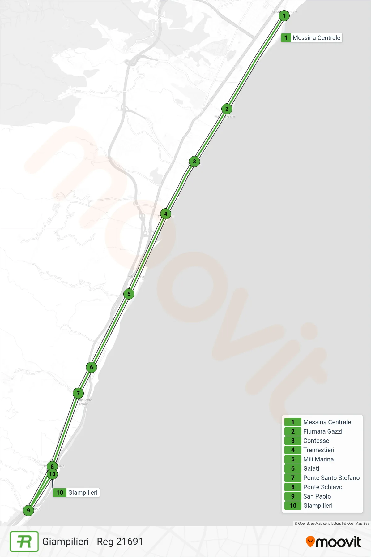 Linea REG  treno (Giampilieri - Reg 21691) - Percorsi e fermate sulla mappa