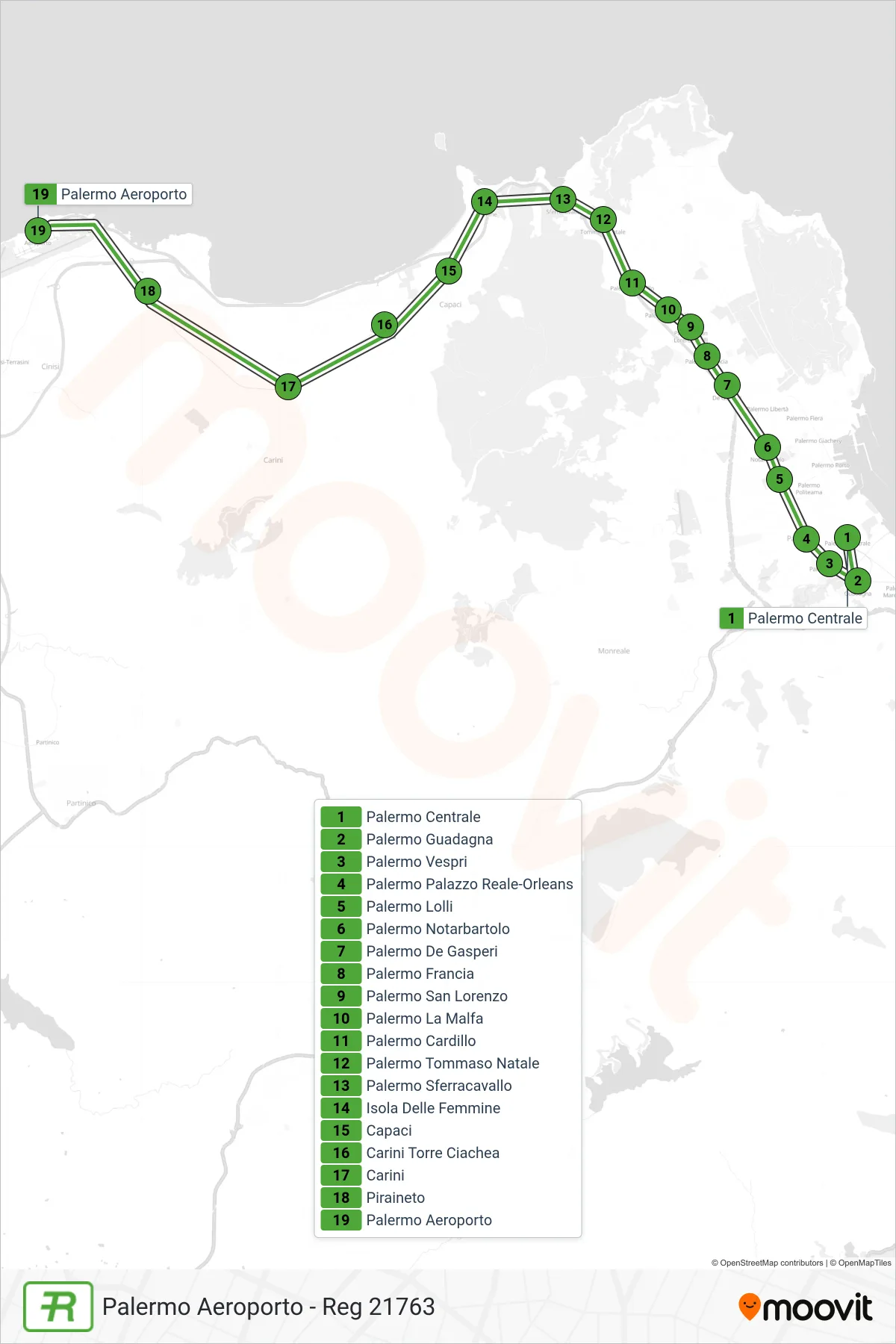 Linea REG  treno (Palermo Aeroporto - Reg 21763) - Percorsi e fermate sulla mappa