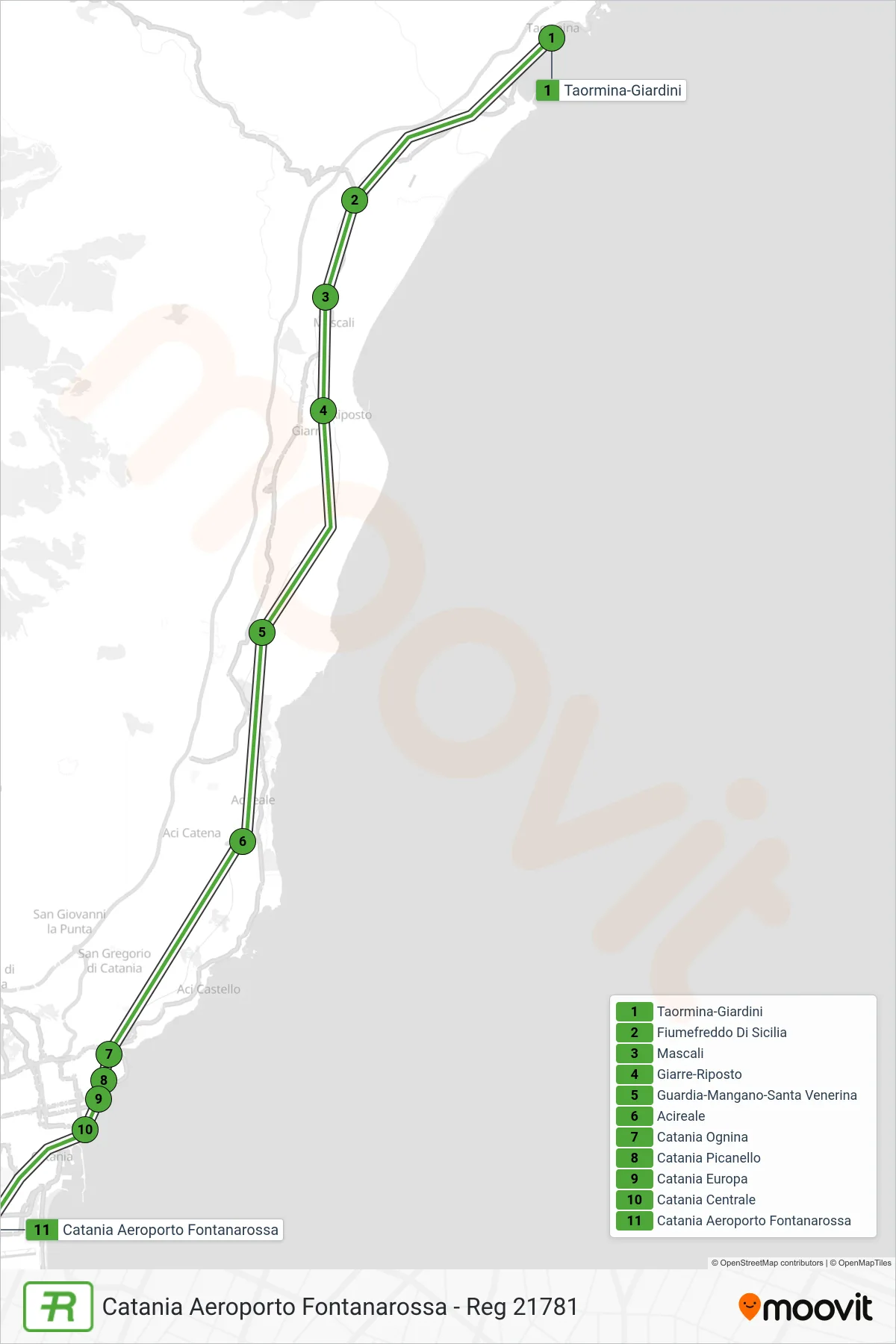 Linea REG  treno (Catania Aeroporto Fontanarossa - Reg 21781) - Percorsi e fermate sulla mappa