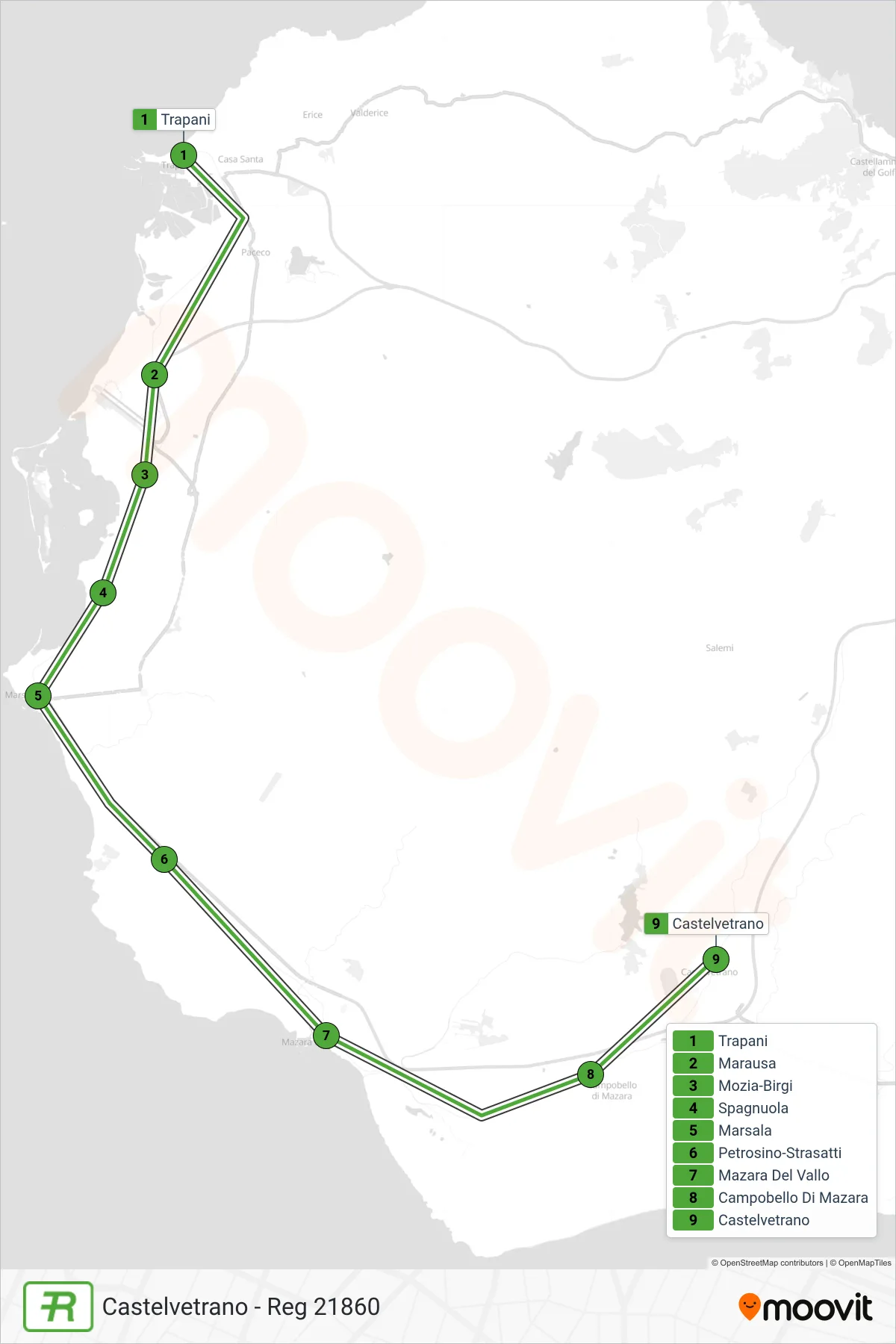 Linea REG  treno (Castelvetrano - Reg 21860) - Percorsi e fermate sulla mappa