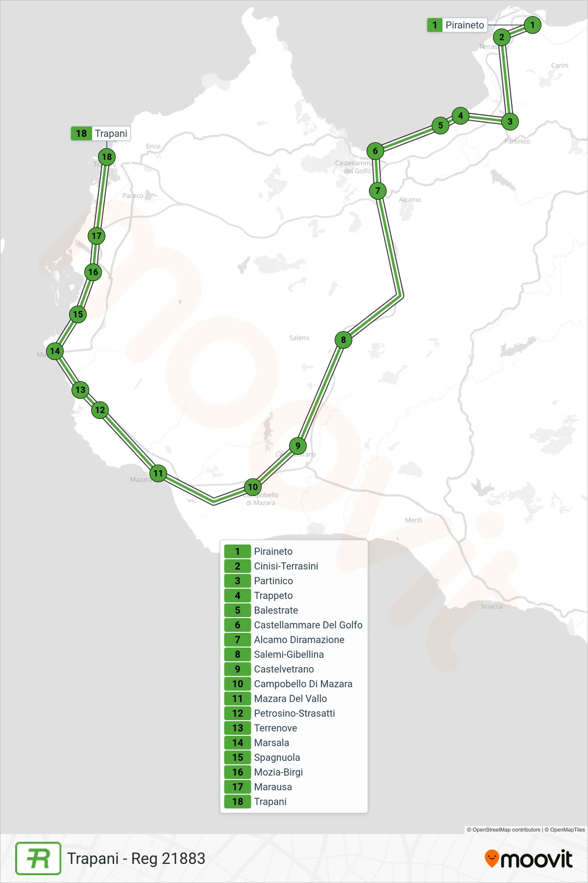 Linea REG treno (Trapani - Reg 21883) - Percorsi e fermate sulla mappa