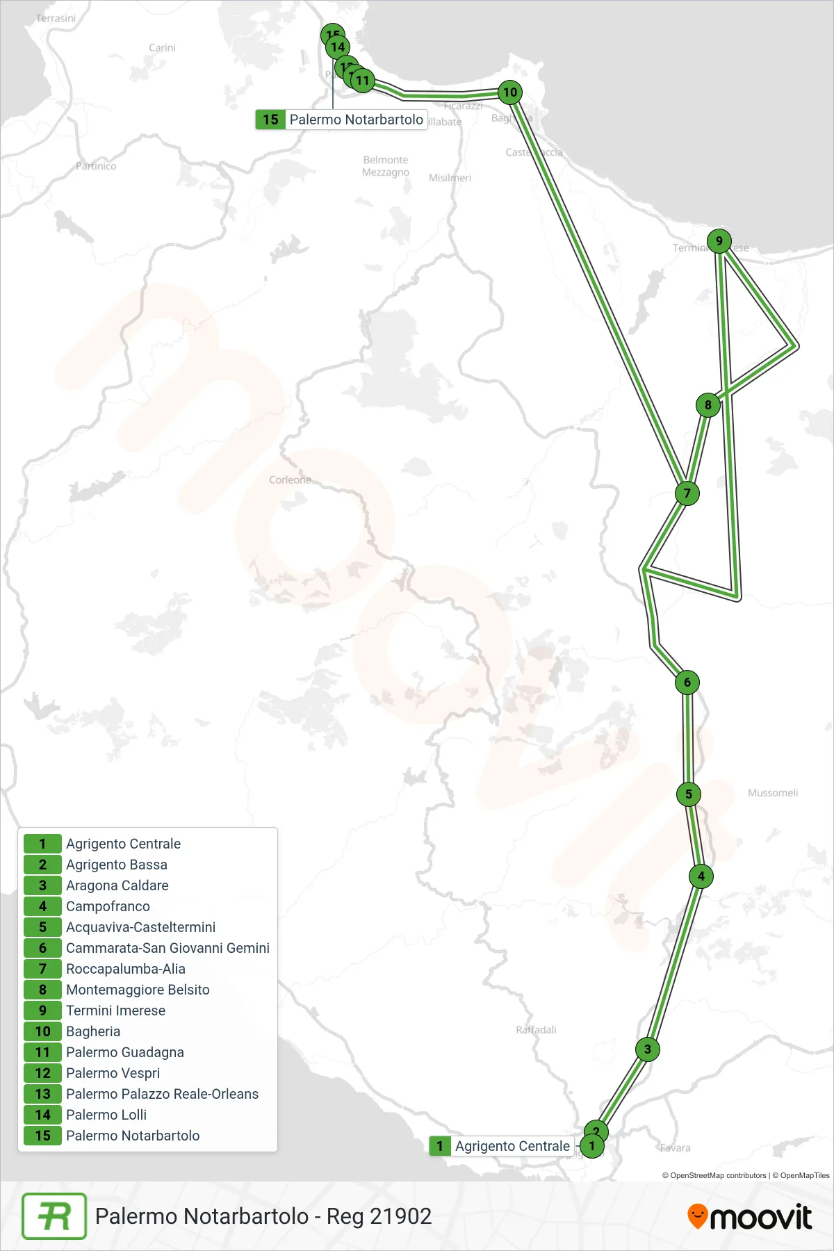 Linea REG treno (Palermo Notarbartolo - Reg 21902) - Percorsi e fermate sulla mappa