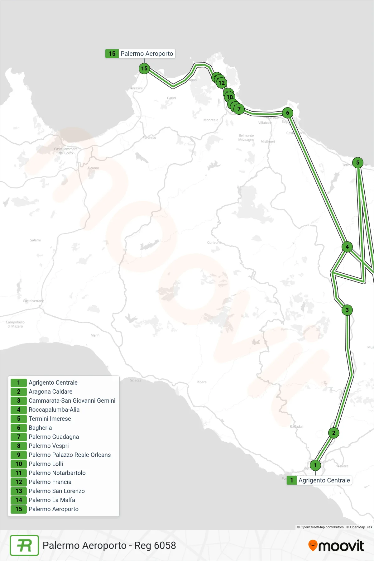 Linea REG treno (Palermo Aeroporto - Reg 6058) - Percorsi e fermate sulla mappa