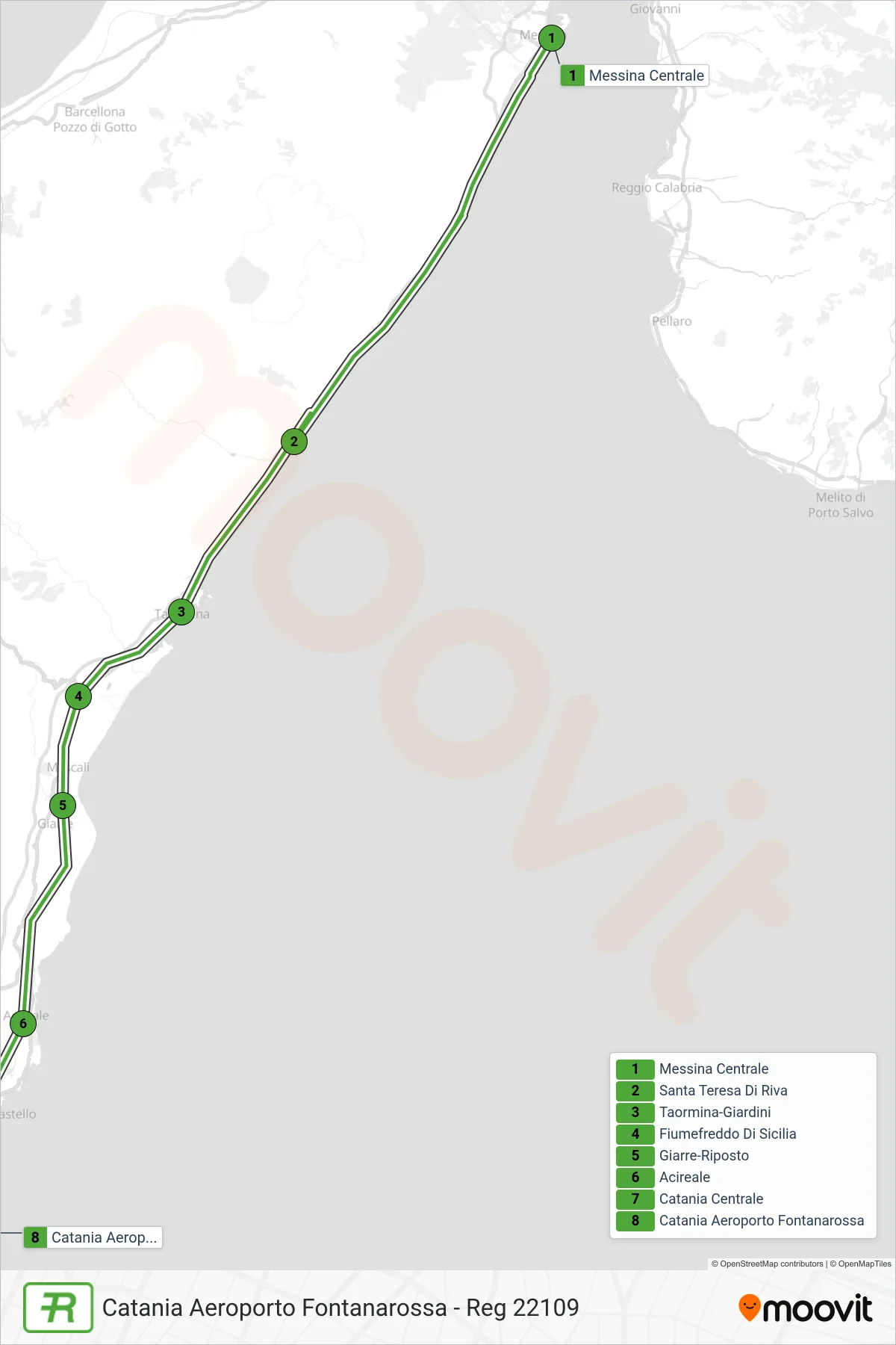 Linea REG  treno (Catania Aeroporto Fontanarossa - Reg 22109) - Percorsi e fermate sulla mappa