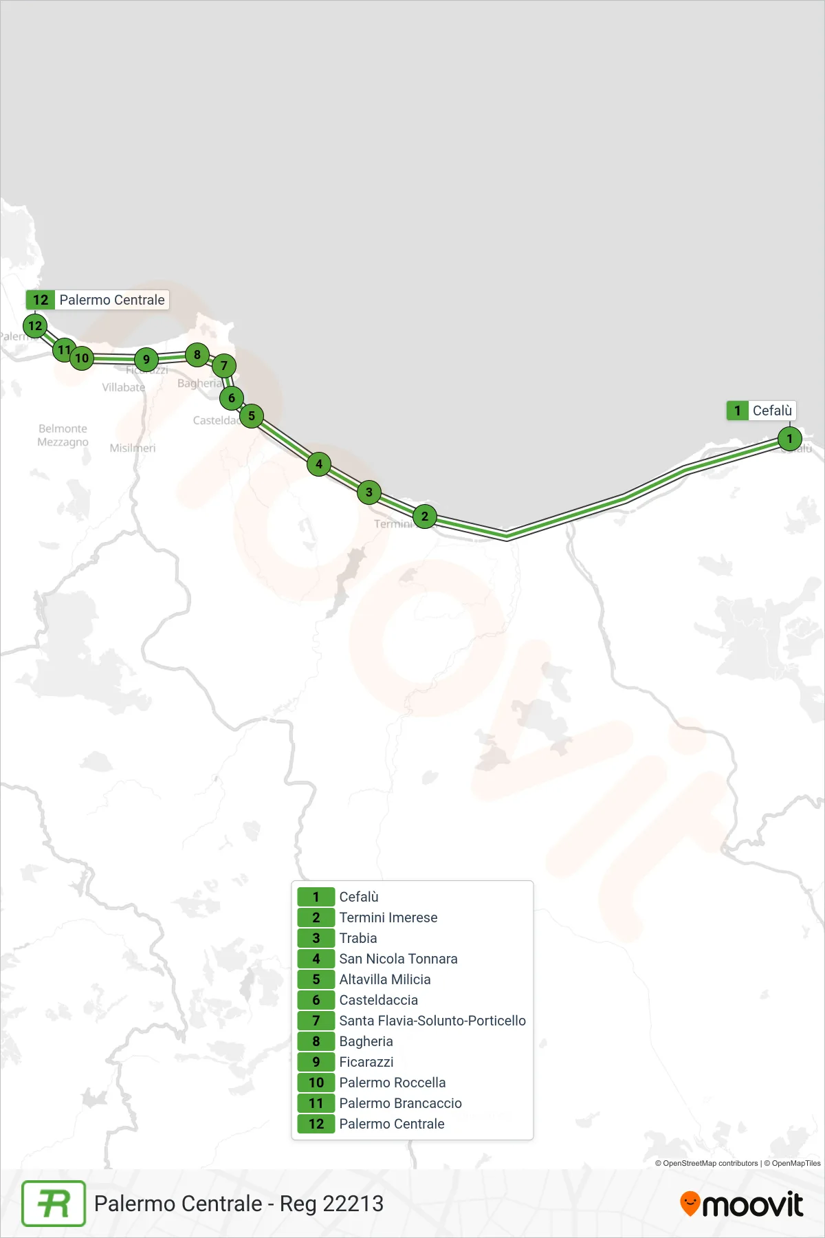 Linea REG treno (Palermo Centrale - Reg 22213) - Percorsi e fermate sulla mappa