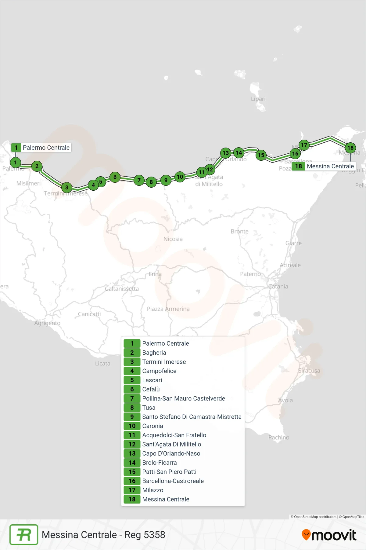 Linea REG treno (Messina Centrale - Reg 5358) - Percorsi e fermate sulla mappa