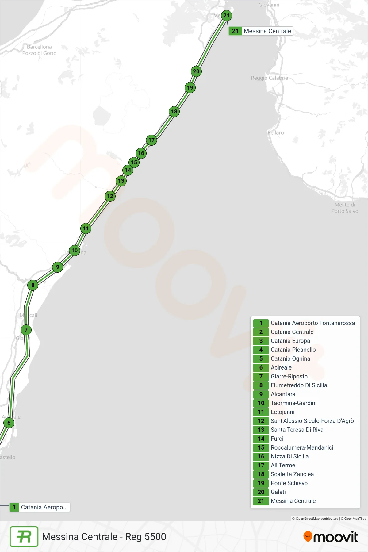 Linea REG  treno (Messina Centrale - Reg 5500) - Percorsi e fermate sulla mappa