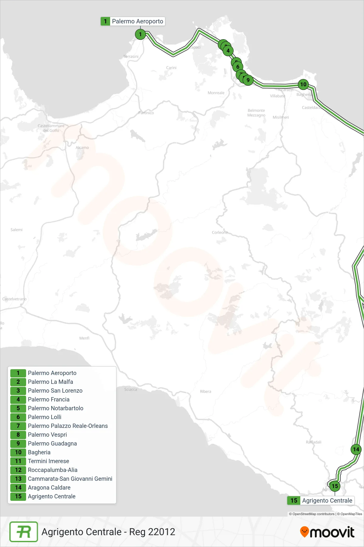 Linea REG treno (Agrigento Centrale - Reg 22012) - Percorsi e fermate sulla mappa