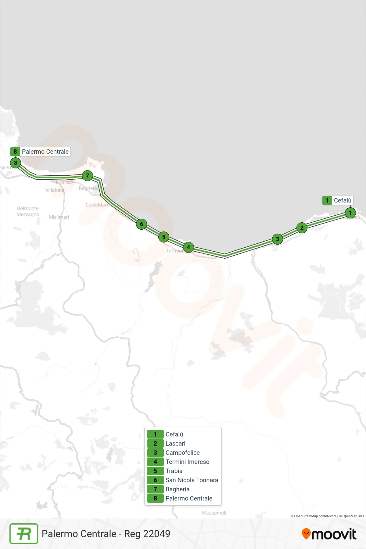 Linea REG treno (Palermo Centrale - Reg 22049) - Percorsi e fermate sulla mappa