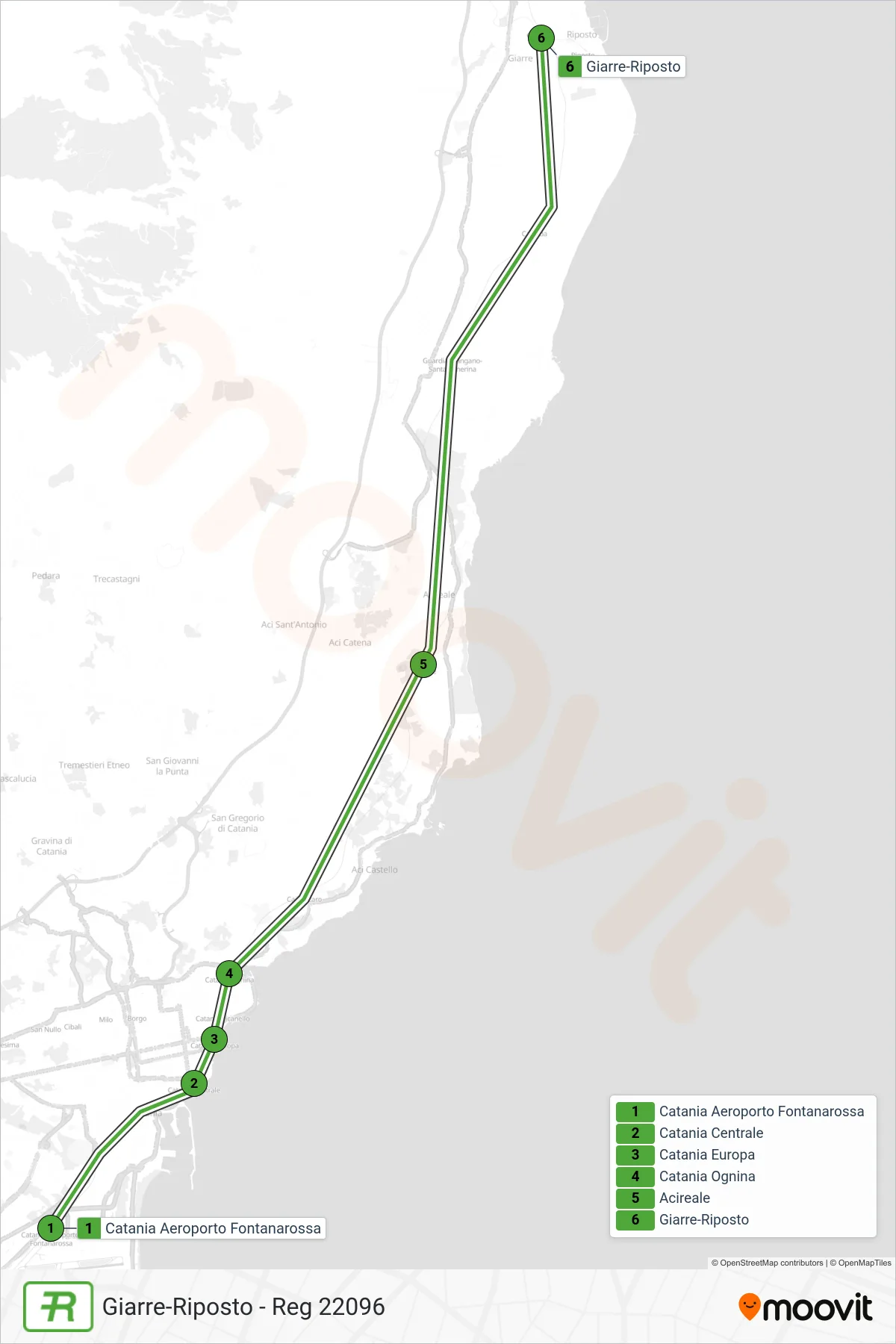 Linea REG treno (Giarre-Riposto - Reg 22096) - Percorsi e fermate sulla mappa