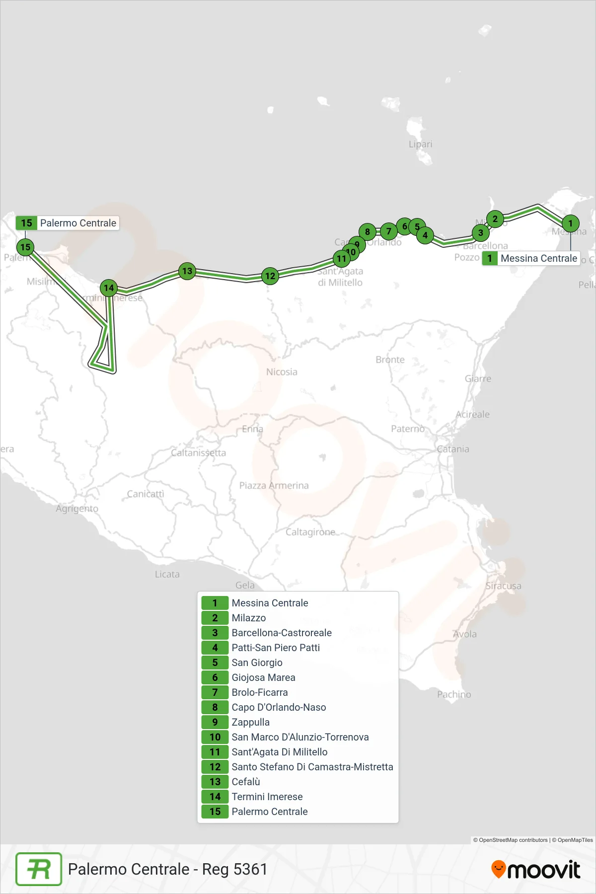 Linea REG treno (Palermo Centrale - Reg 5361) - Percorsi e fermate sulla mappa