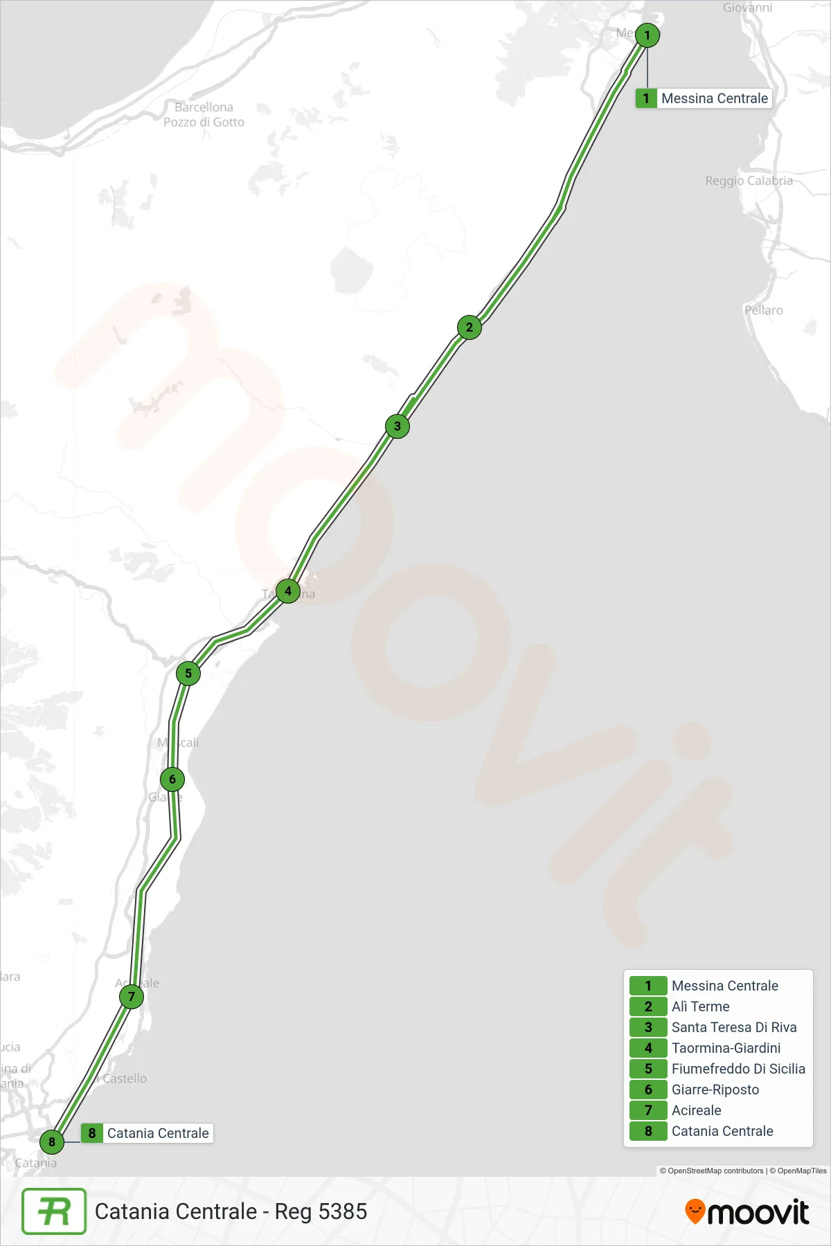 Linea REG  treno (Catania Centrale - Reg 5385) - Percorsi e fermate sulla mappa