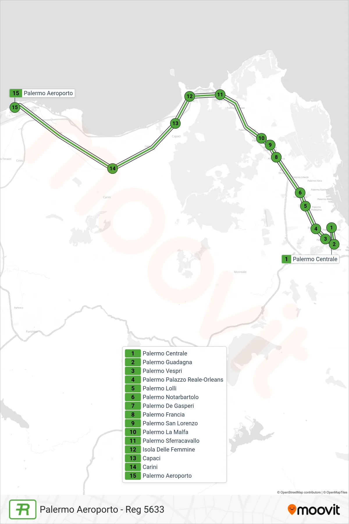 Linea REG  treno (Palermo Aeroporto - Reg 5633) - Percorsi e fermate sulla mappa