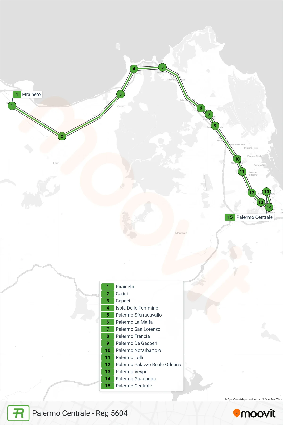 Linea REG  treno (Palermo Centrale - Reg 5604) - Percorsi e fermate sulla mappa