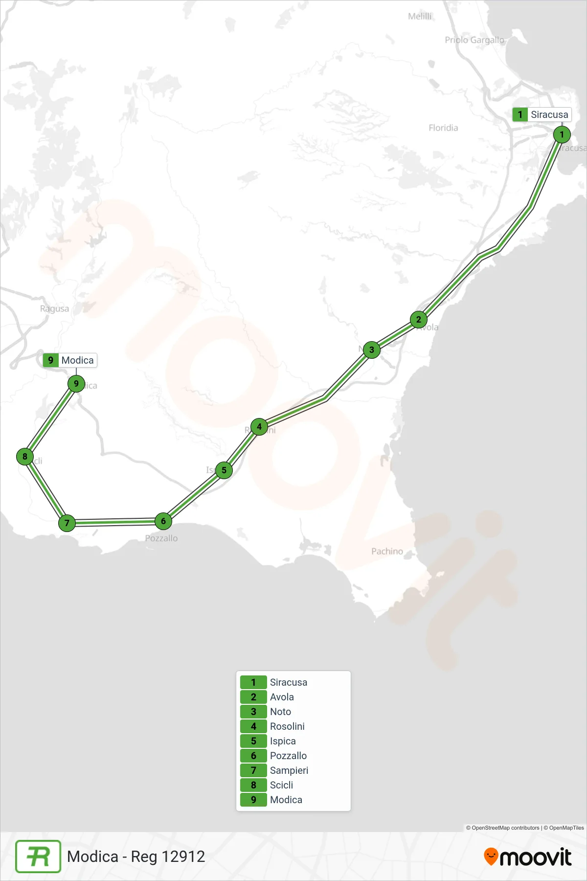 Linea REG  treno (Modica - Reg 12912) - Percorsi e fermate sulla mappa