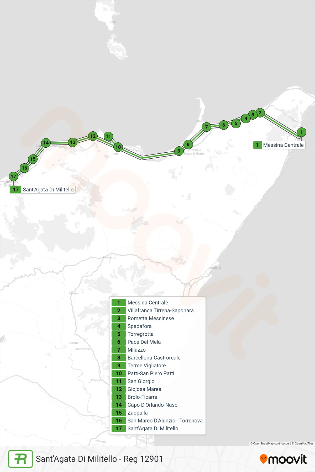 Linea REG treno (Sant'Agata Di Militello - Reg 12901) - Percorsi e fermate sulla mappa