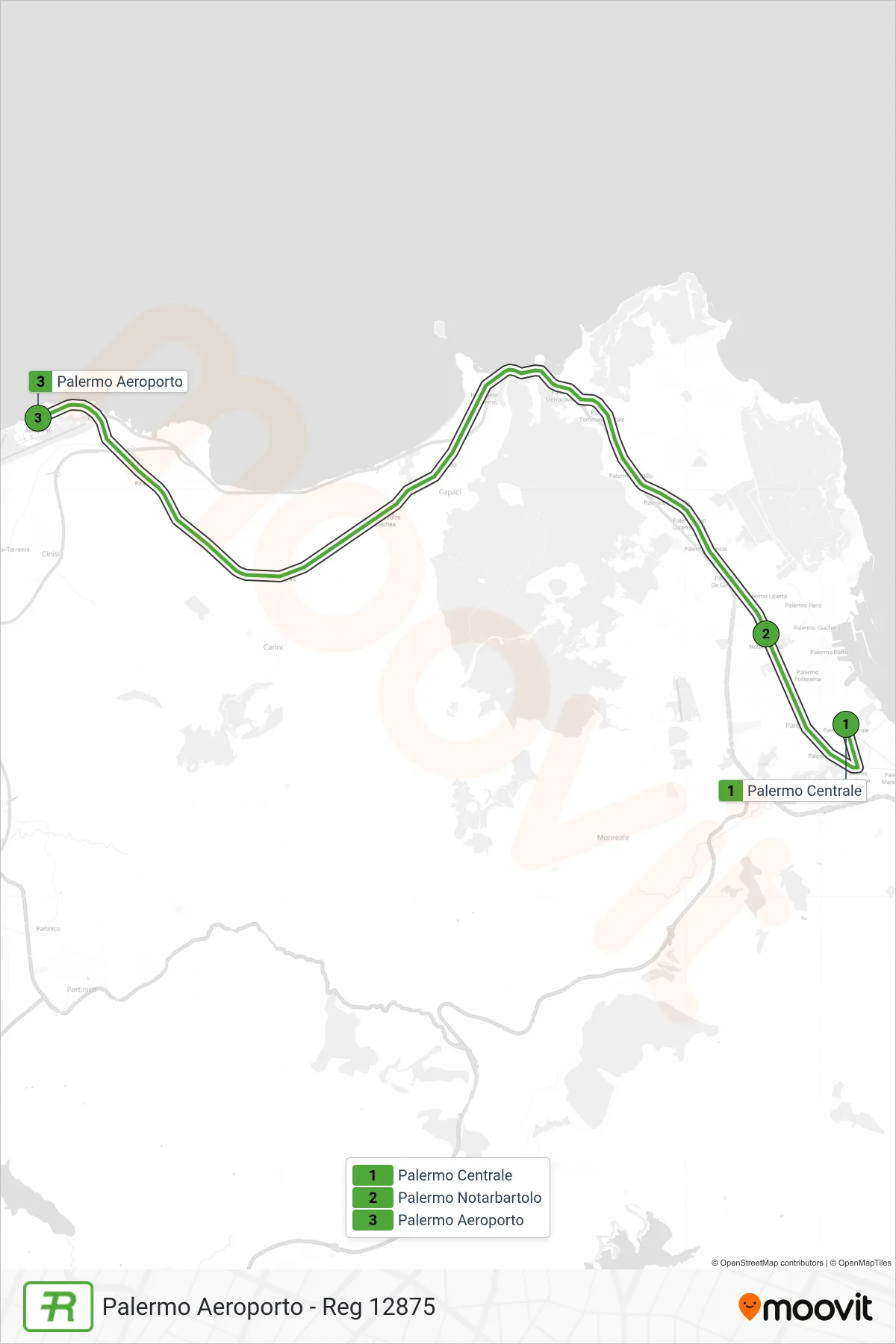 Linea REG  treno (Palermo Aeroporto - Reg 12875) - Percorsi e fermate sulla mappa