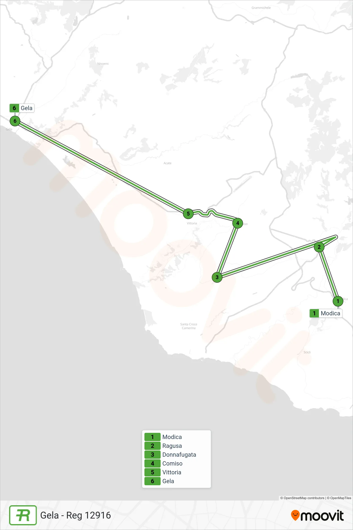 Linea REG treno (Gela - Reg 12916) - Percorsi e fermate sulla mappa