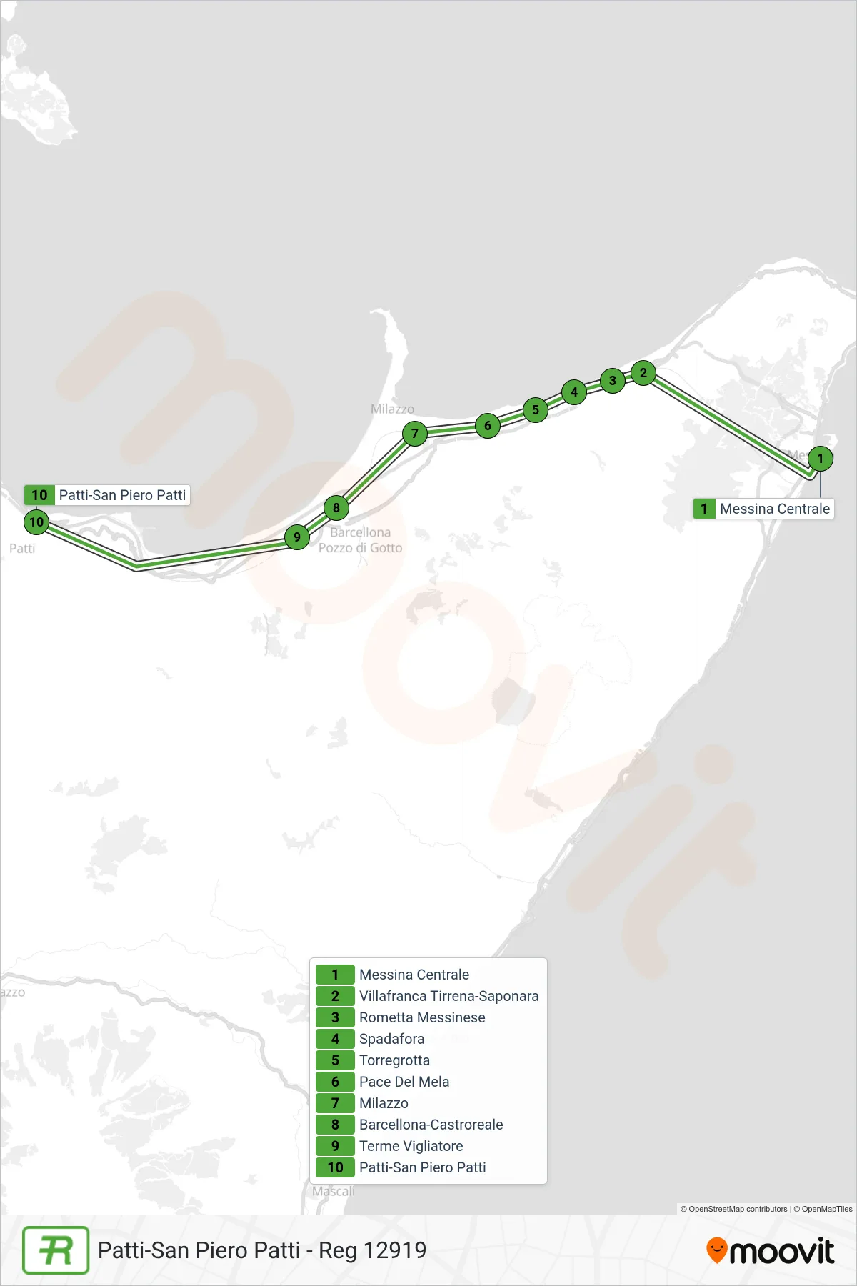 Linea REG treno (Patti-San Piero Patti - Reg 12919) - Percorsi e fermate sulla mappa
