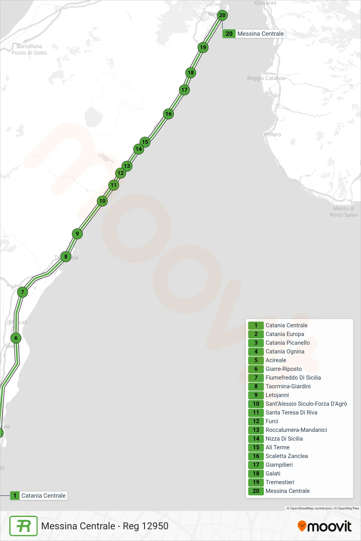 Linea REG treno (Messina Centrale - Reg 12950) - Percorsi e fermate sulla mappa