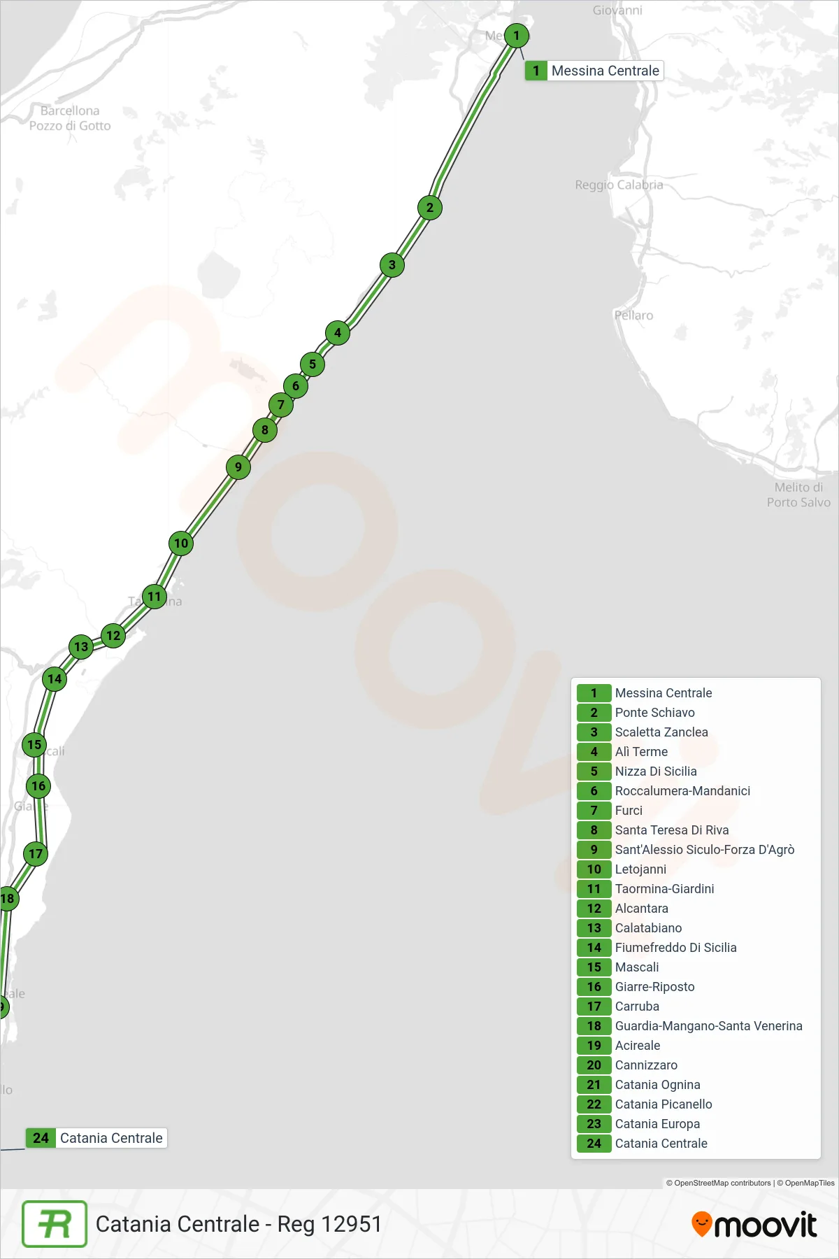 Linea REG  treno (Catania Centrale - Reg 12951) - Percorsi e fermate sulla mappa