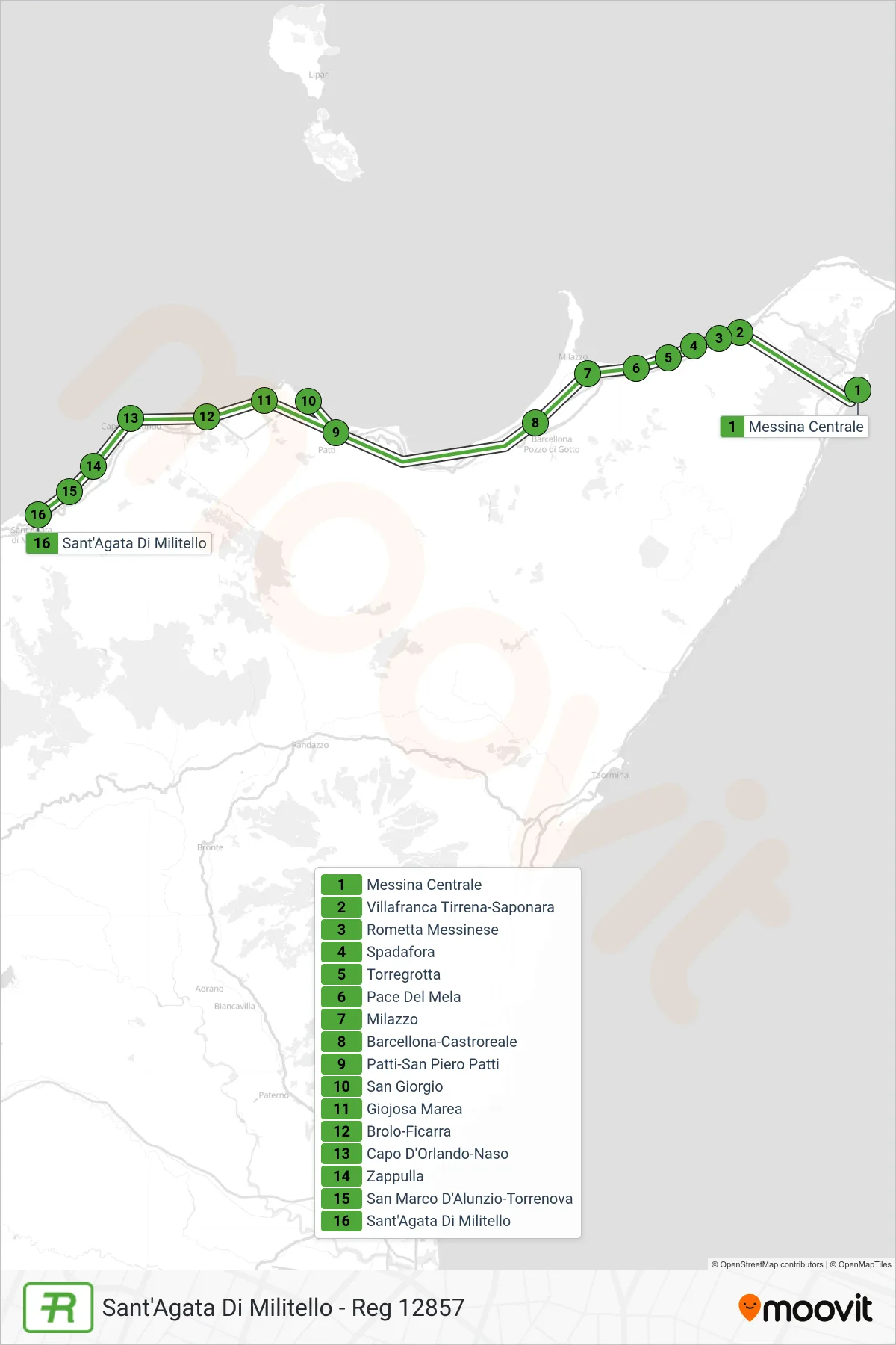 Linea REG treno (Sant'Agata Di Militello - Reg 12857) - Percorsi e fermate sulla mappa