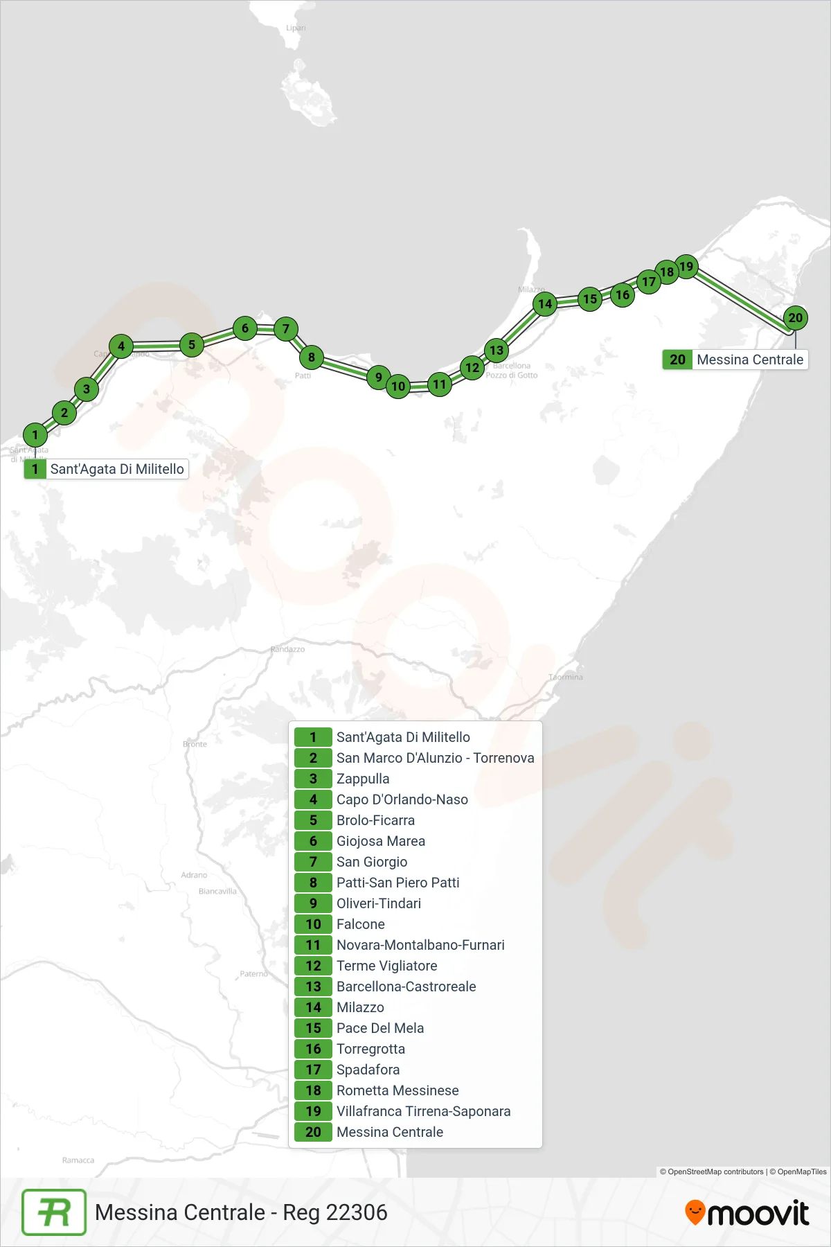 Linea REG  treno (Messina Centrale - Reg 22306) - Percorsi e fermate sulla mappa