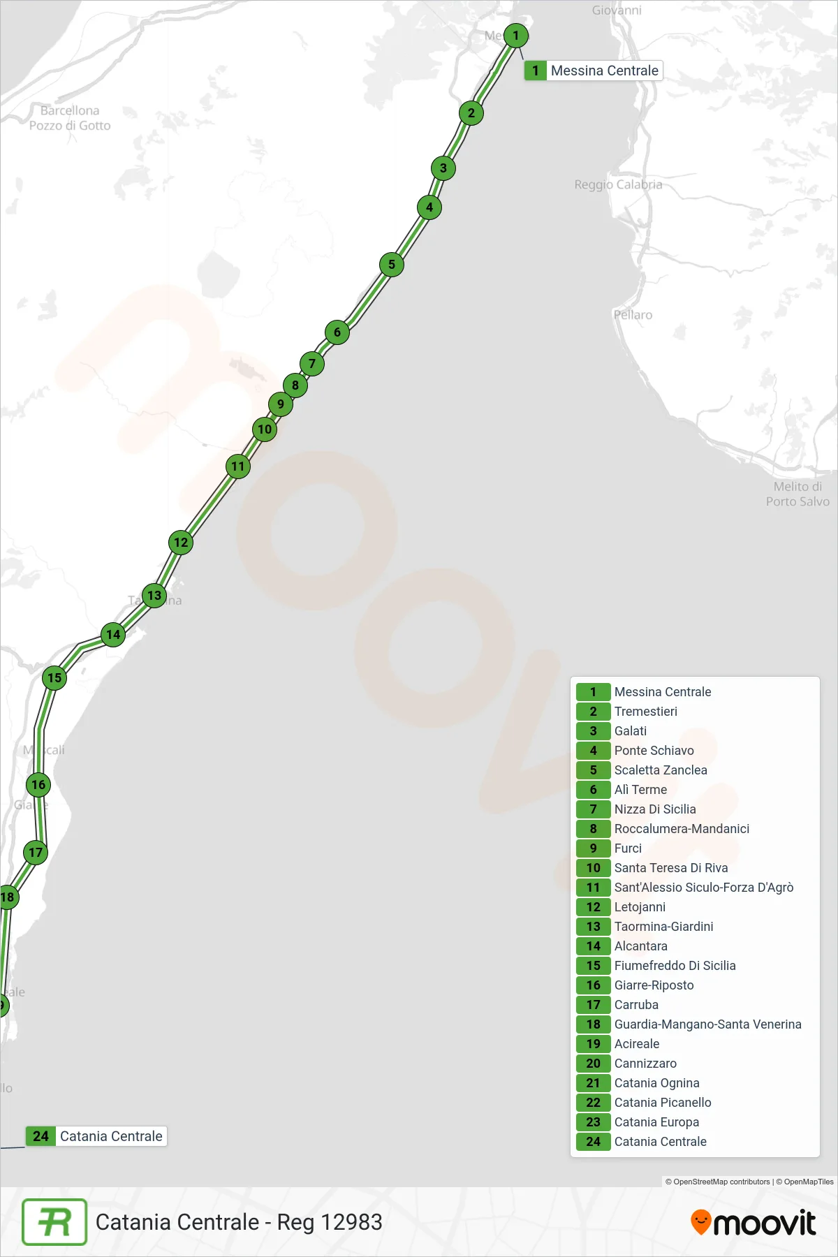 Linea REG  treno (Catania Centrale - Reg 12983) - Percorsi e fermate sulla mappa